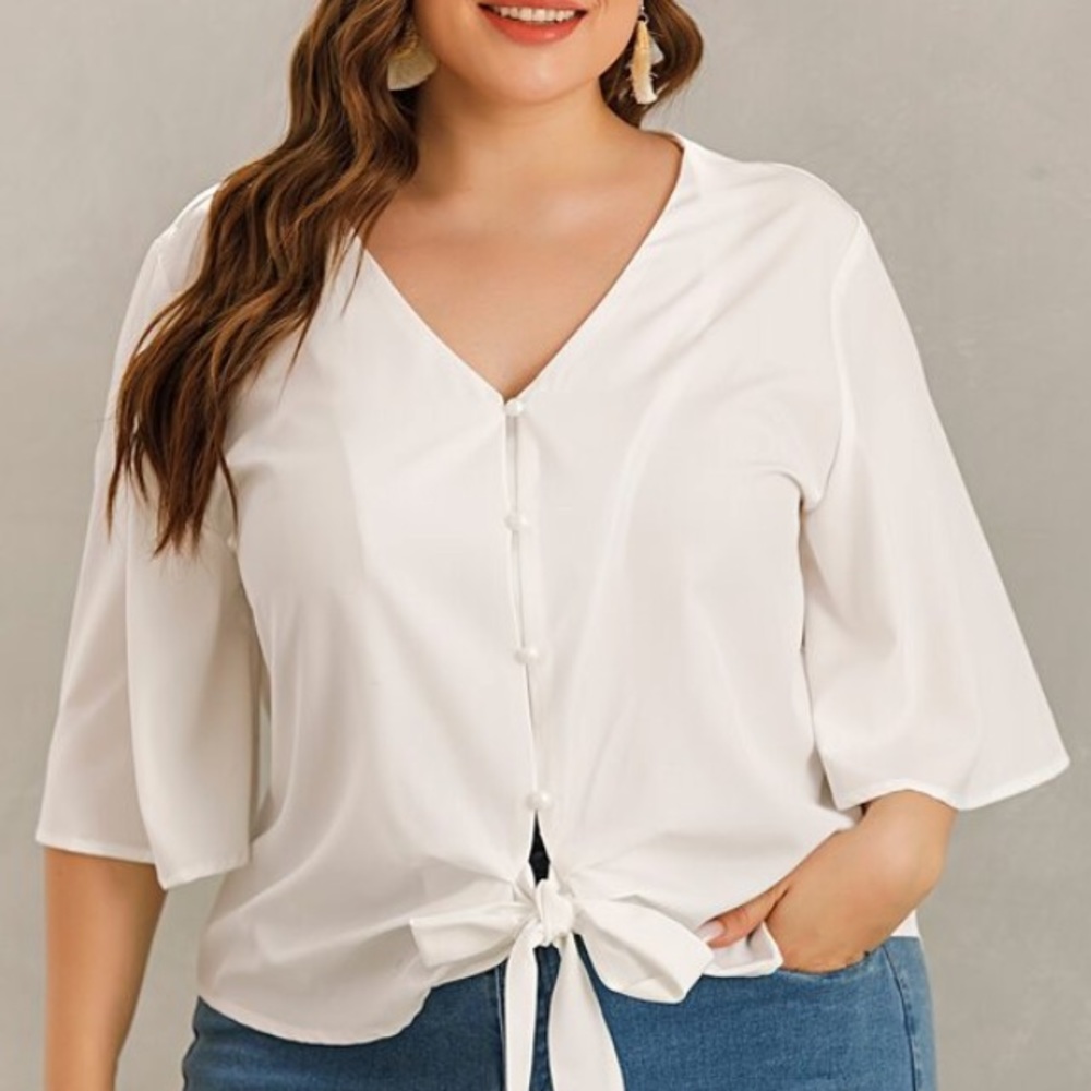 PLUS White Solid Button Through Tie Front Blouse